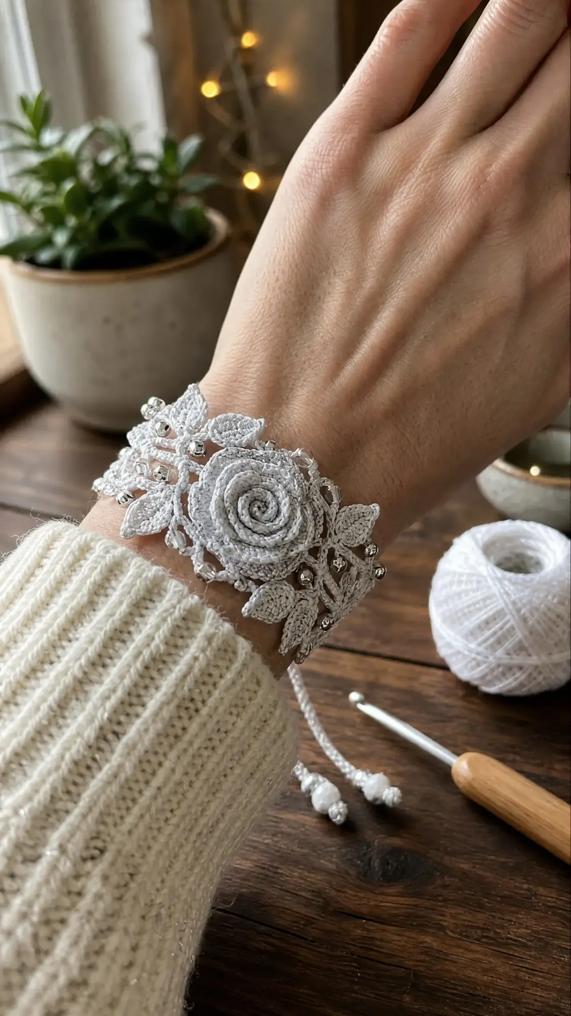 Winter White Rose Bracelet Free Crochet Pattern