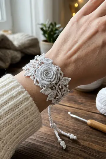 Winter White Rose Bracelet Free Crochet Pattern