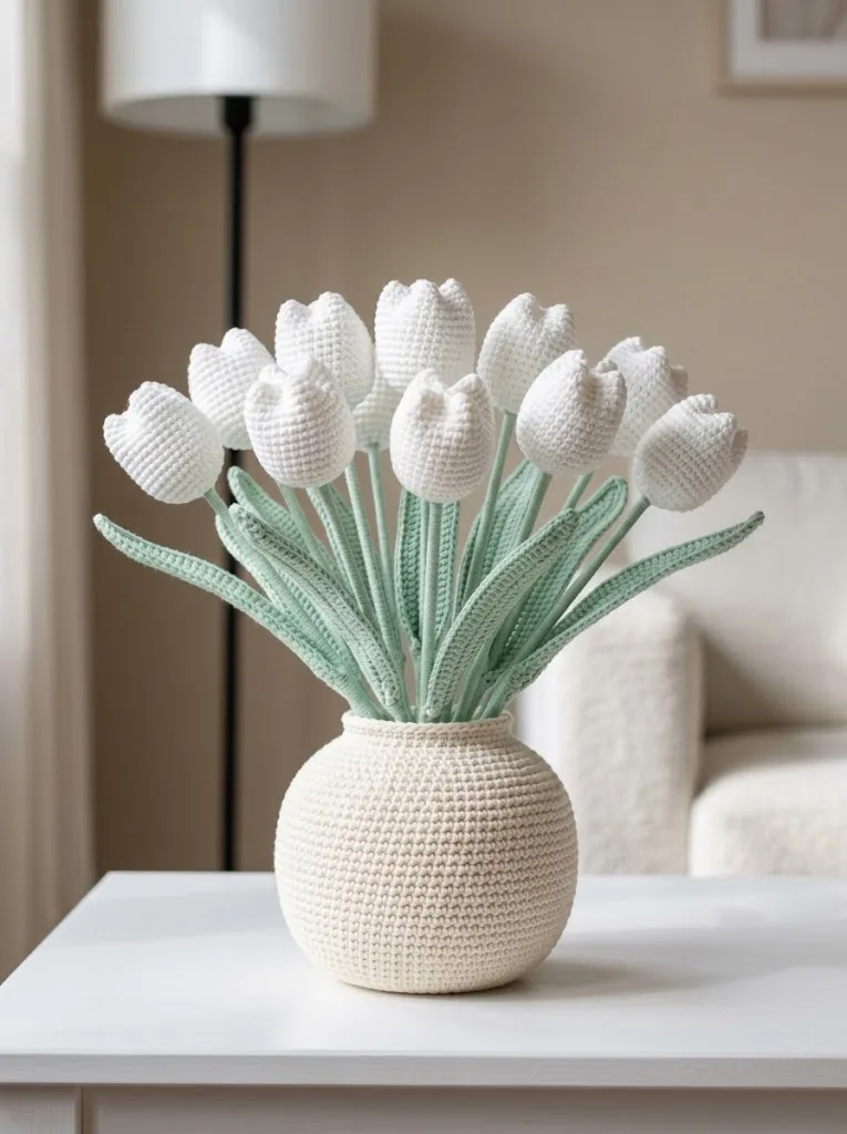 Winter White Tulip Crochet Vase Free Crochet Pattern